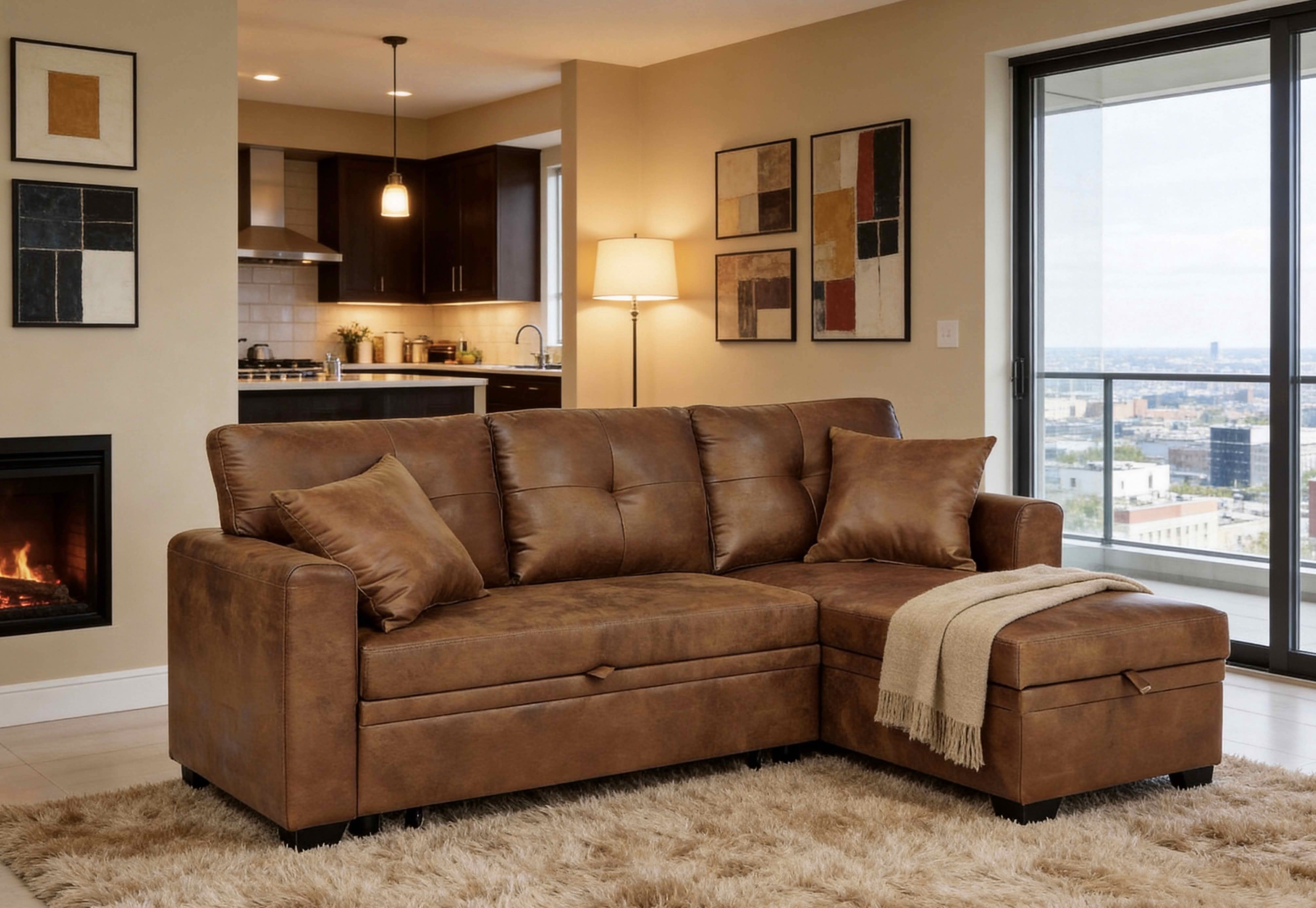 MAYEERTY L‑Shaped Sleeper Sectional Sofa, Convertible Pull‑Out Bed with Reversible Storage Chaise, Light Brown Breathable Fabric for Small Living Spaces