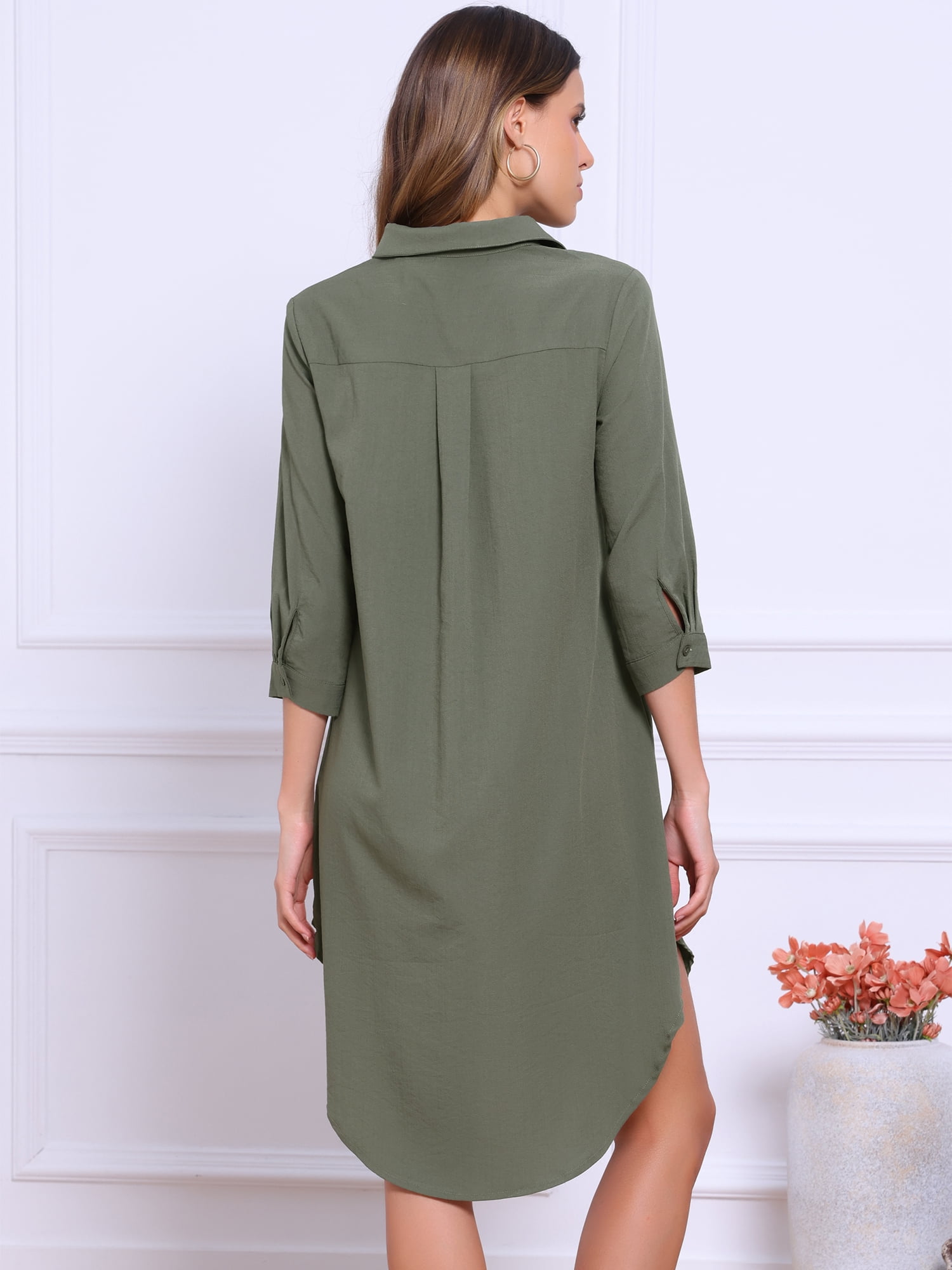 DARING DIVA Button Down Shirt Collar 3/4 Sleeve Shirts Dress XS Army Green