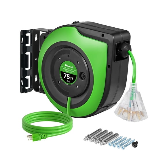 WILAWELS Retractable Cord Reel 75 FT Heavy Duty Extension Cord 14AWG/3C SJTOW 3 Grounded Outlets Lighted Triple Tap 10A Circuit Breaker Wall/Ceiling Mounted UL Listed Green J75CR06