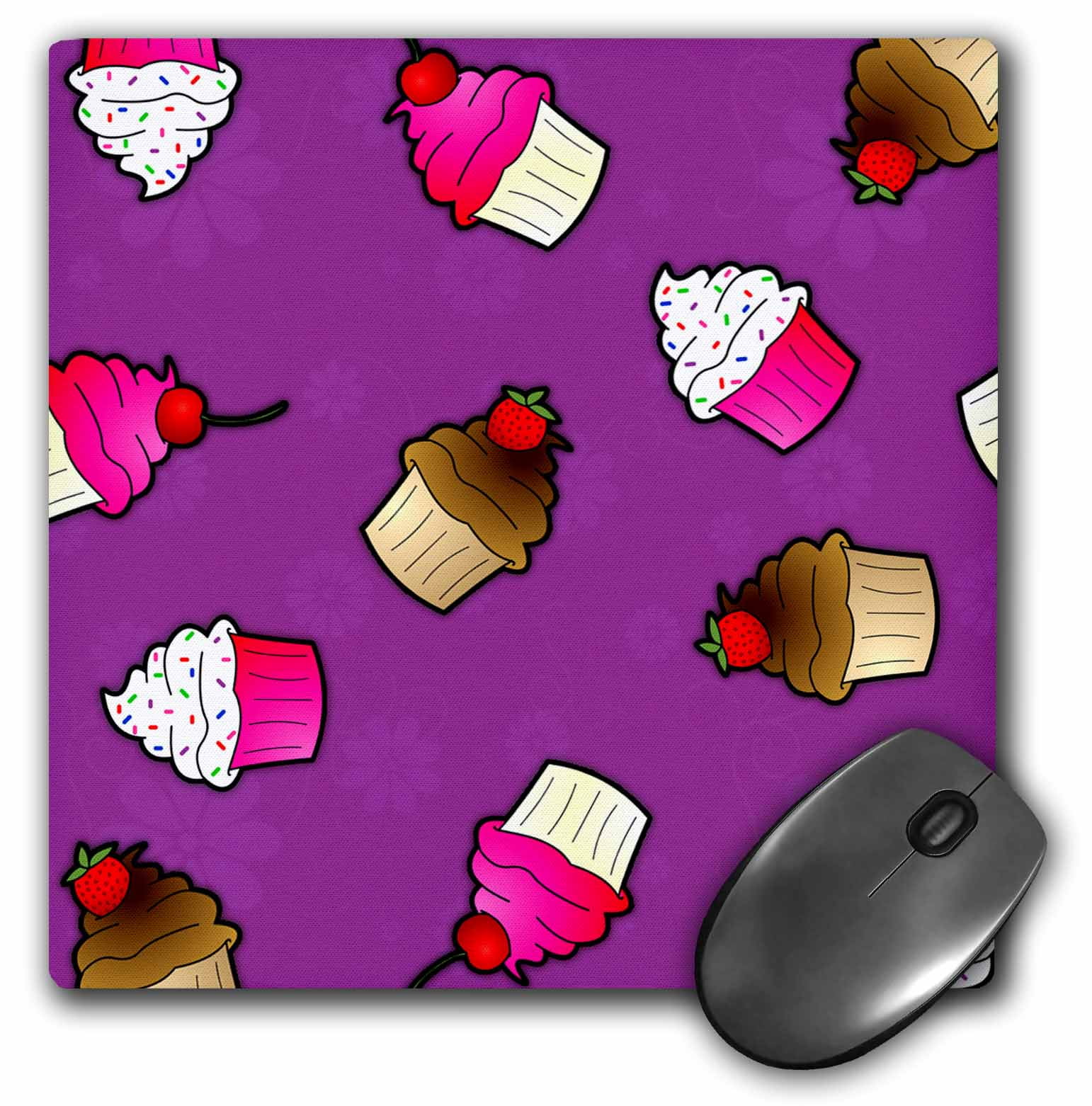 3dRose Cute Cupcake Print Pink and Chocolate on Purple - Mouse Pad, 8 by  8-inch (mp_43142_1)