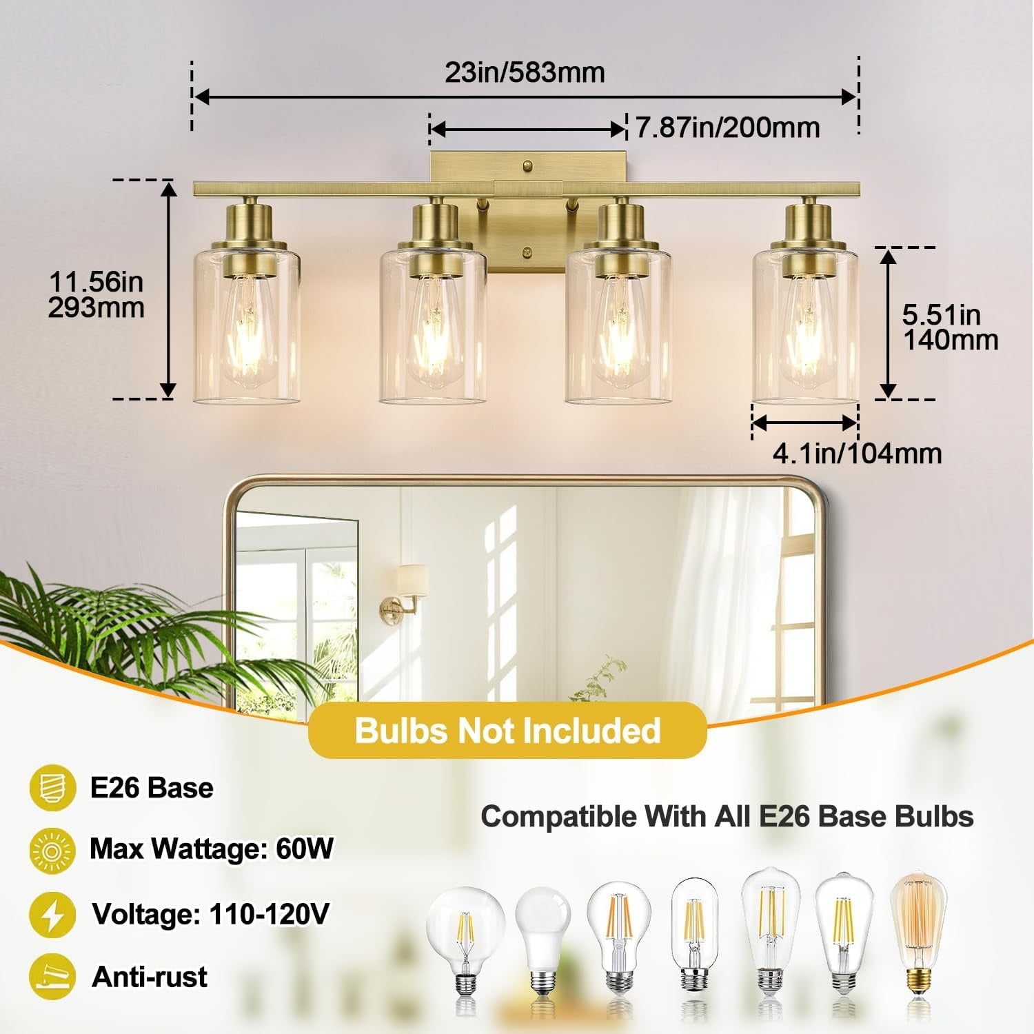 4 Light Bathroom Light Fixtures, Brass Vanity Lights for Bathroom with Clear Glass Shades, Modern Bathroom Wall Sconces for Mirror Living Room Cabinet
