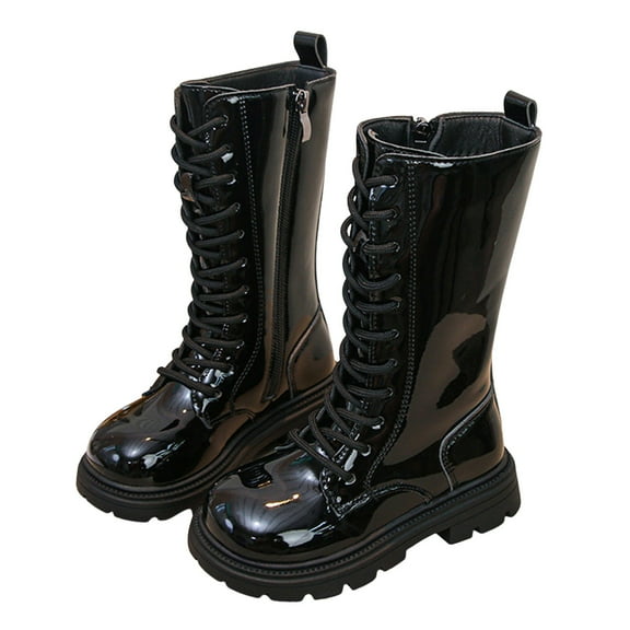 BOBOGOJP Girls Boots Winter Lace Up Side Zipper PU Leather Riding Boots with Bowknot Fashion Kids Mid Calf Waterproof Boot Black for Size 2