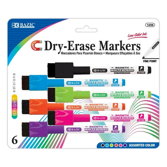 BAZIC Magnetic Dry Erase Marker, Fine Tip Color Whiteboard Markers (6/Pack), 1-Pack