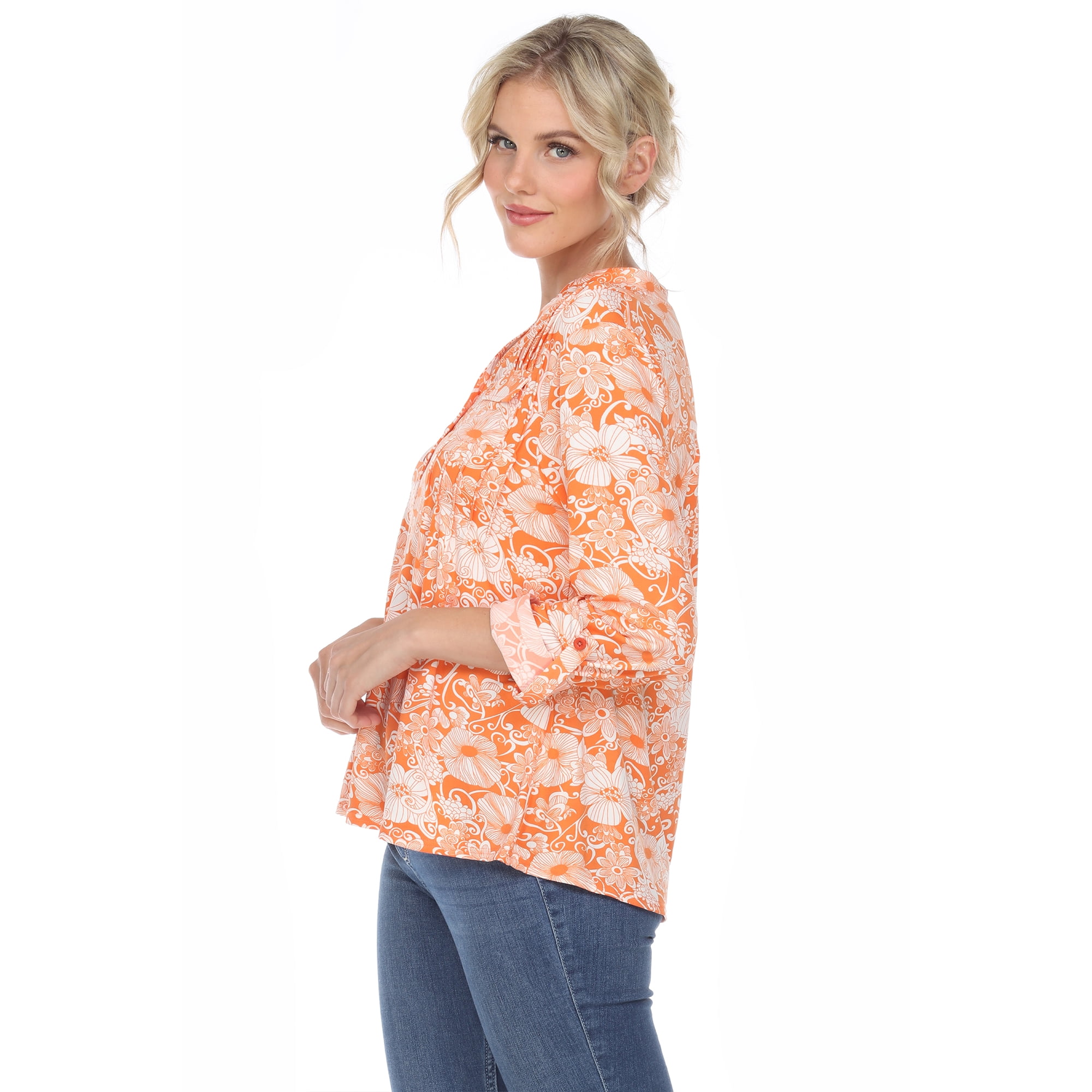 White Mark Women's Pleated 3/4 Sleeve Floral Print Blouse