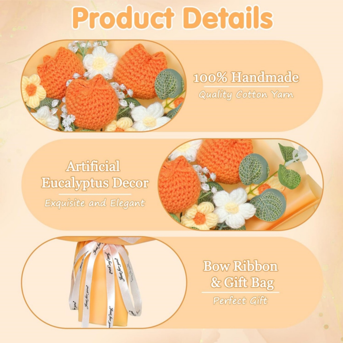 Crochet Flowers Bouquet, Kvago 13.78in Completed Handmade Knitted Flowers, Artificial Flower Knitted Tulips Bouquet for Festival Wedding Graduation Anniversary Mother's Day Women Gift (Orange)