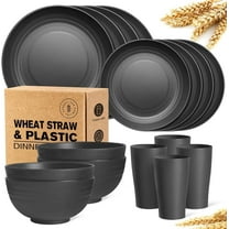 Teivio 16-Piece Kitchen Plastic Wheat Straw Dinnerware Set, Service for 4, Dinner Plates, Dessert Plate, Cereal Bowls, Cups, Unbreakable Plastic Outdoor Camping Dishes, Black