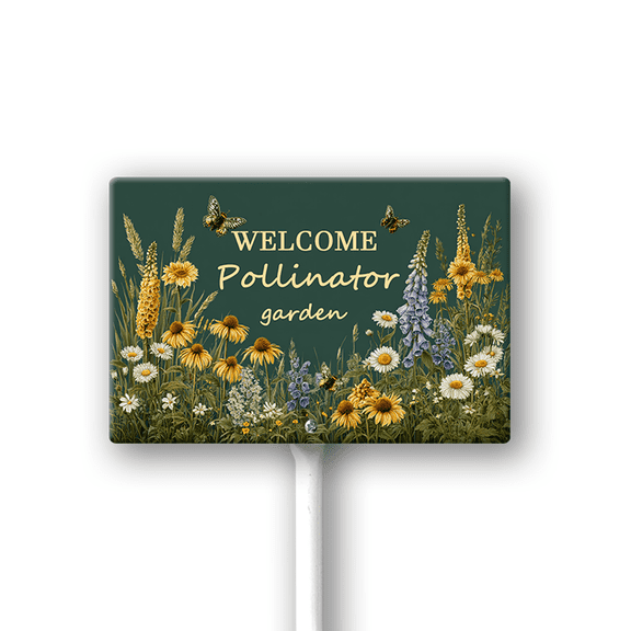 Eveokoki Welcome To Pollinator Garden Signs for Yard with Stake, Sturdy Aluminum Statement Plaque Sign Decoration for Yard Garden Lawn Outdoor,12x8 inch