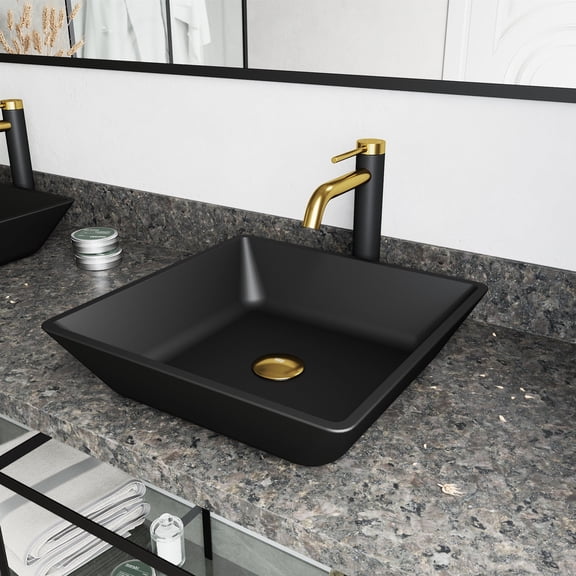 VIGO Matte Shell Roma Glass Square Vessel Bathroom Sink in Black with Lexington Faucet and Pop-Up Drain in Matte Gold