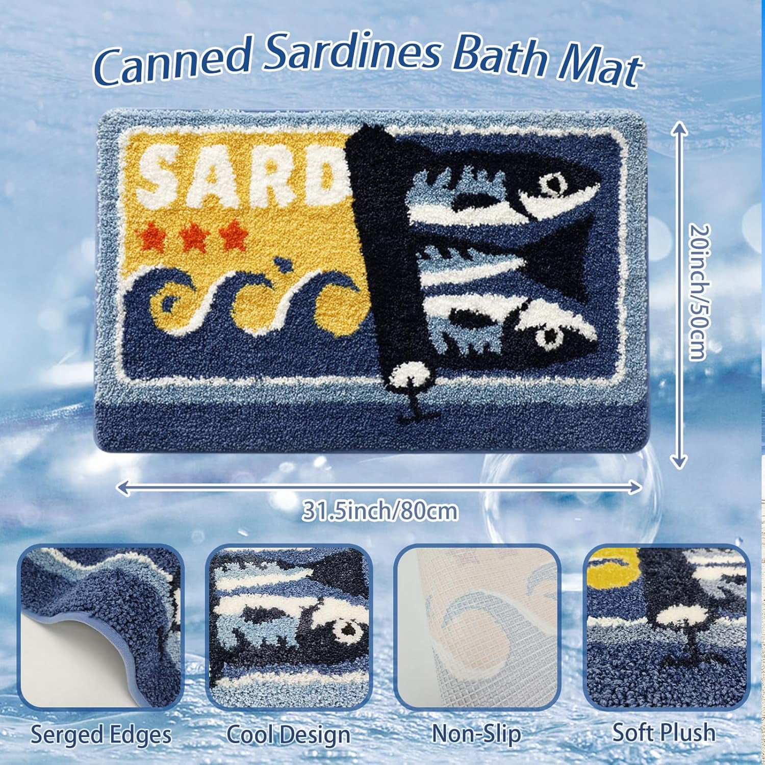 Sardine Can Plush Bath Mat, Opening Can Design with Big Fish, Absorbent Non-Slip Rug for Bathroom Kitchen Entrance, Machine Washable Retro Ocean Home Decor 20x31 Inch