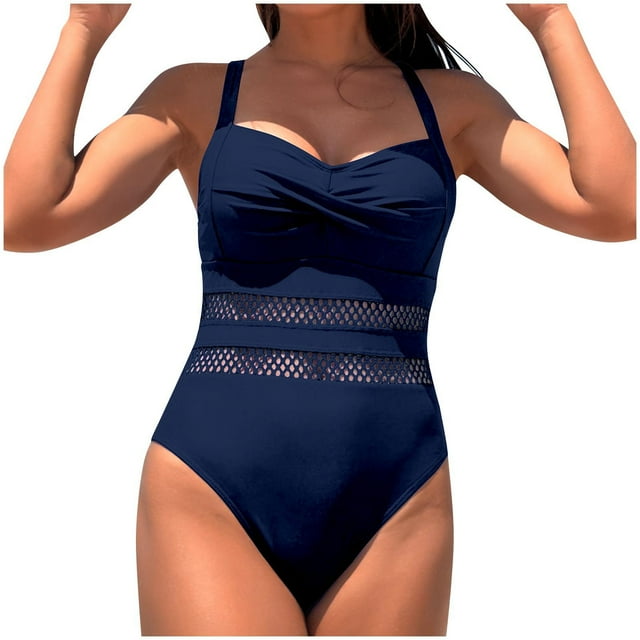baikeli Women Tummy Control One Piece Swimsuits Strap Push Up Bathing Suits High Waist Mesh Lace Patchwork Swimwear Twist Front Cutout Ruched Swimwear Beachwear Navy,XL