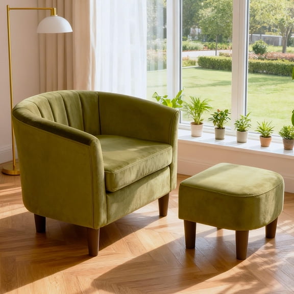 Green Velvet Barrel Accent Chair And Ottoman Set Modern Upholstered Lounge Chair With Footrest