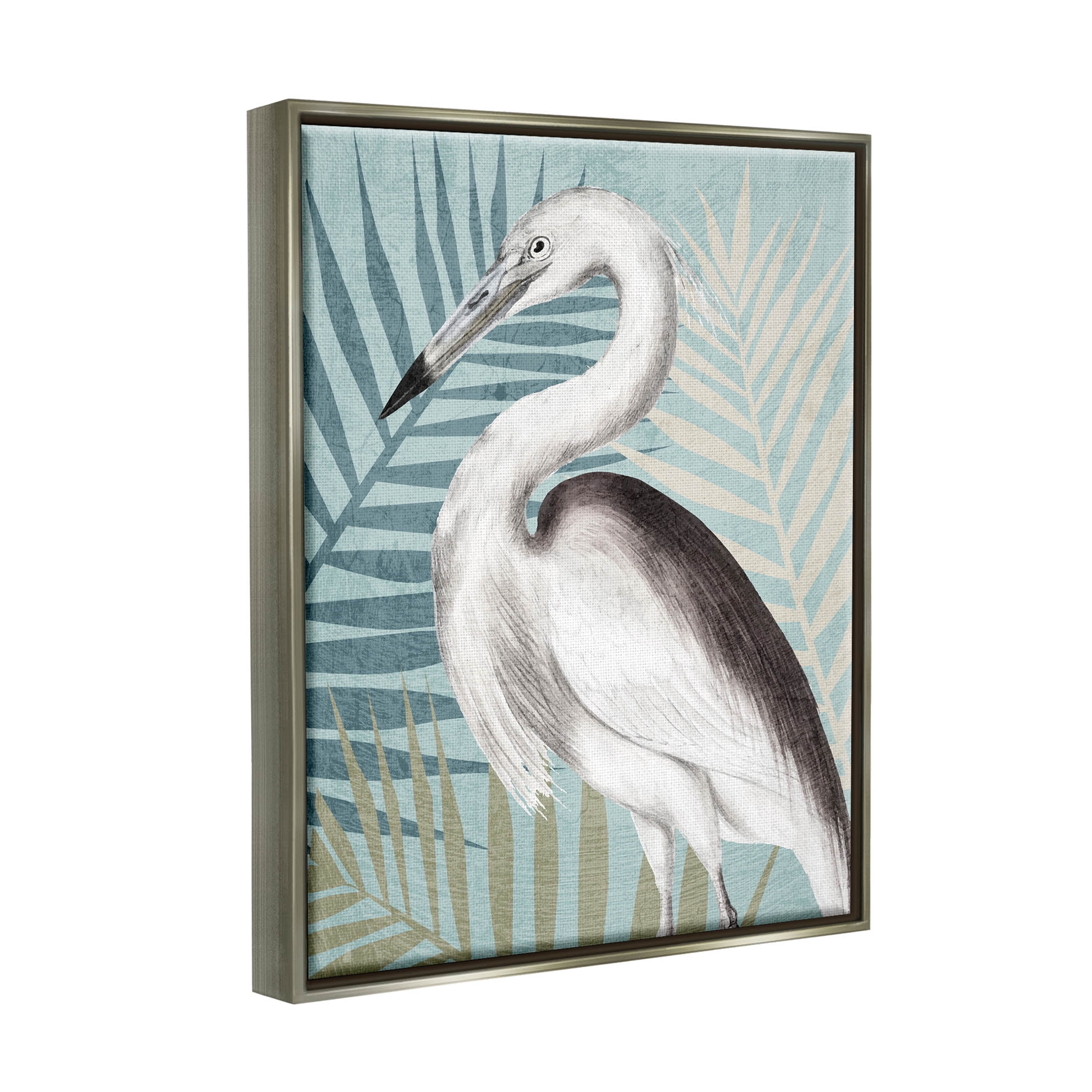 Stork Bird Island Palm Leaves Animals & Insects Graphic Art Luster Gray Framed Art Print Wall Art
