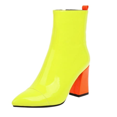 

iOPQO Women s Ankle Boots Women s Oversized Colorblock Patent Leather Boots with Block Heel Zipper Booties Plus Size Colorblock Patent Yellow 40