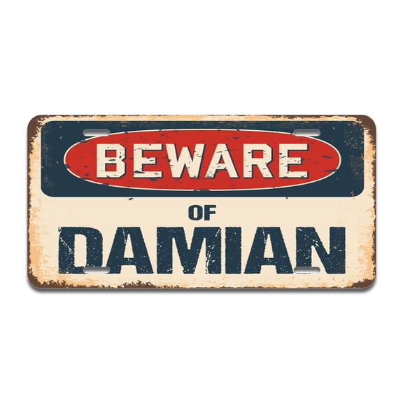 Beware of Damian Aluminum License Plate| License Plate 12" X 6" Fits Any Car, Truck, SUV, RV, or Trailer | Made in The USA