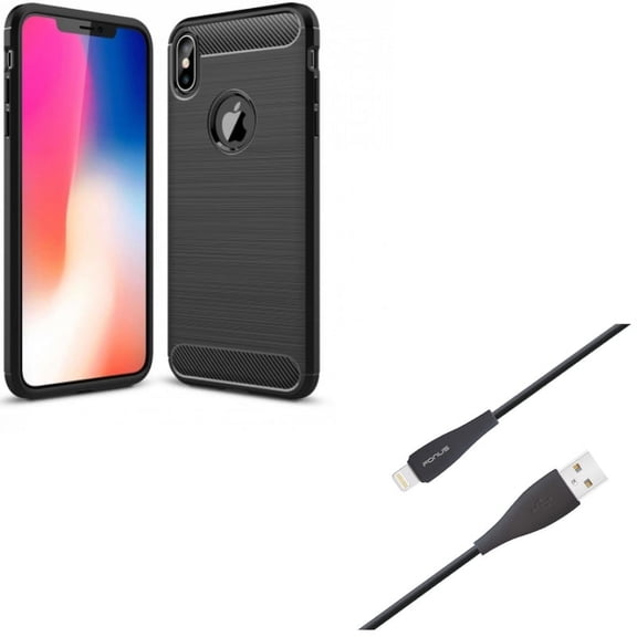 Charger Cord 6ft USB Cable w Carbon Fiber Case for iPhone XS Max - Power Wire Long Sync Fast Charge and Slim Fit Cover Reinforced Bumper Shock Absorbent Black