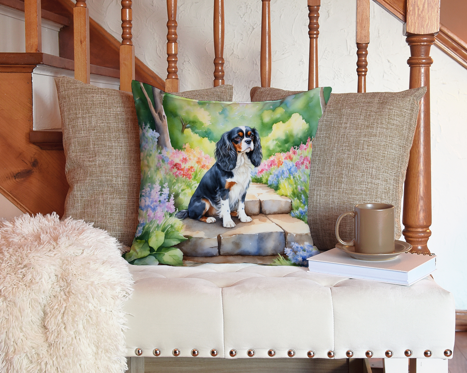 Cavalier Spaniel Spring Path Throw Pillow 14 in x 14 in