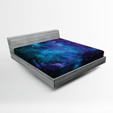 Outer Space Fitted Sheet Galaxy Stars in Space Celestial Astronomic Planets in the Universe Milky Way, Soft Decorative Fabric Bedding, Navy Purple, by