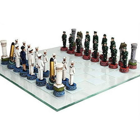 US Army vs Navy Military Chess Set Hand Painted with Glass Board