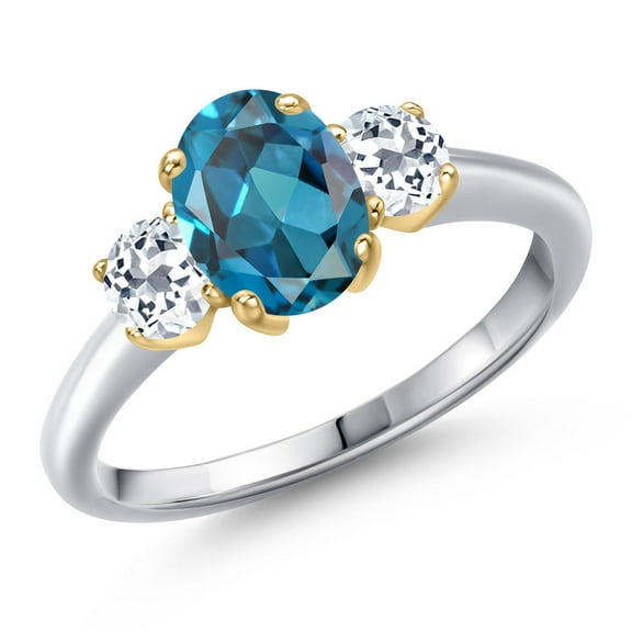 Gem Stone King 10K Two Tone Gold London Blue Topaz and White Topaz Engagement Ring for Women | 2.16 Cttw | Oval 8X6MM | Gemstone November Birthstone | Size 7