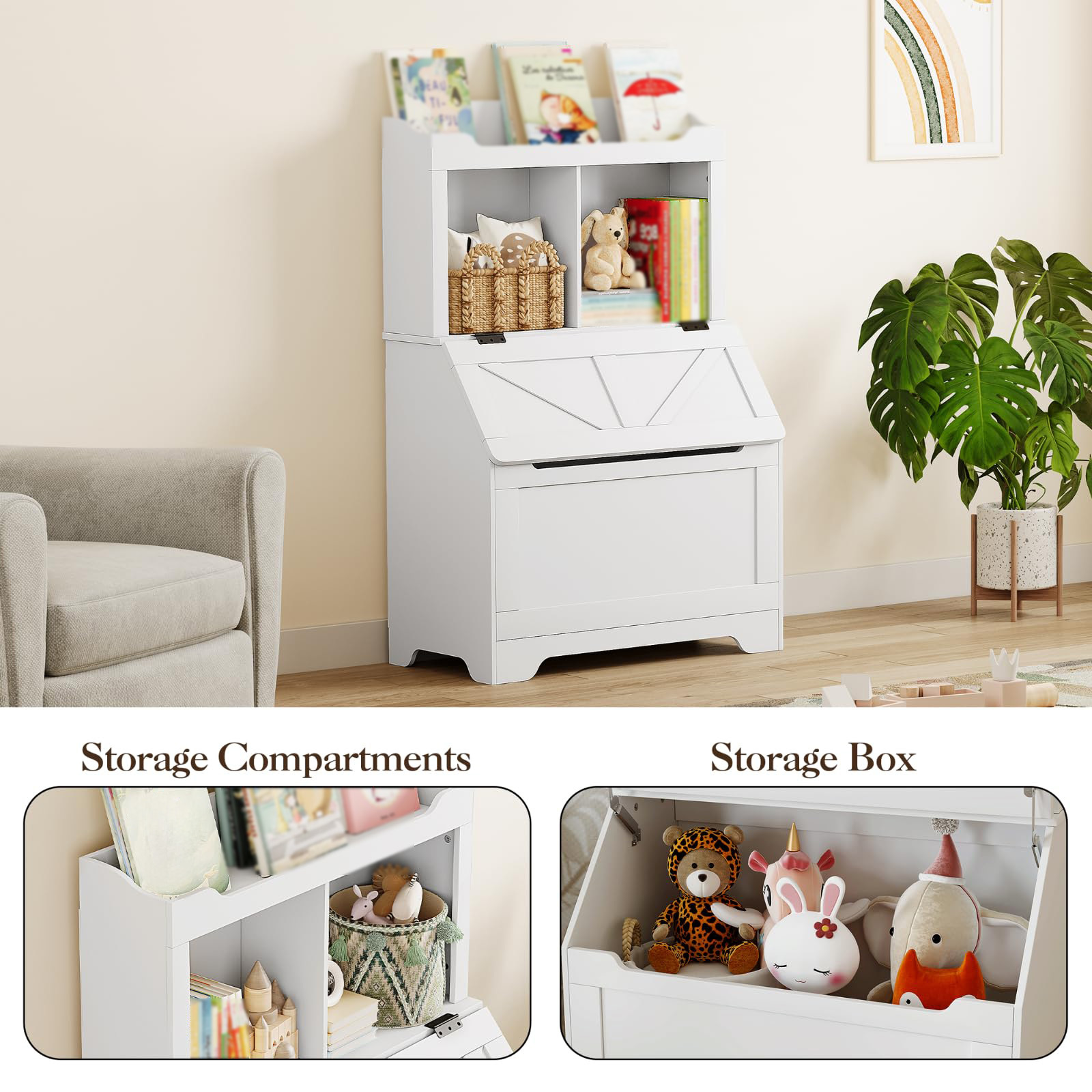 Kids Bookshelf and Toy Storage with Flip Top Lid, Wooden Toddler Bookcase Cabinet with Cubbies, Toy Storage Organizer with Bookshelf for Playroom Bedroom Nursery Classroom, White