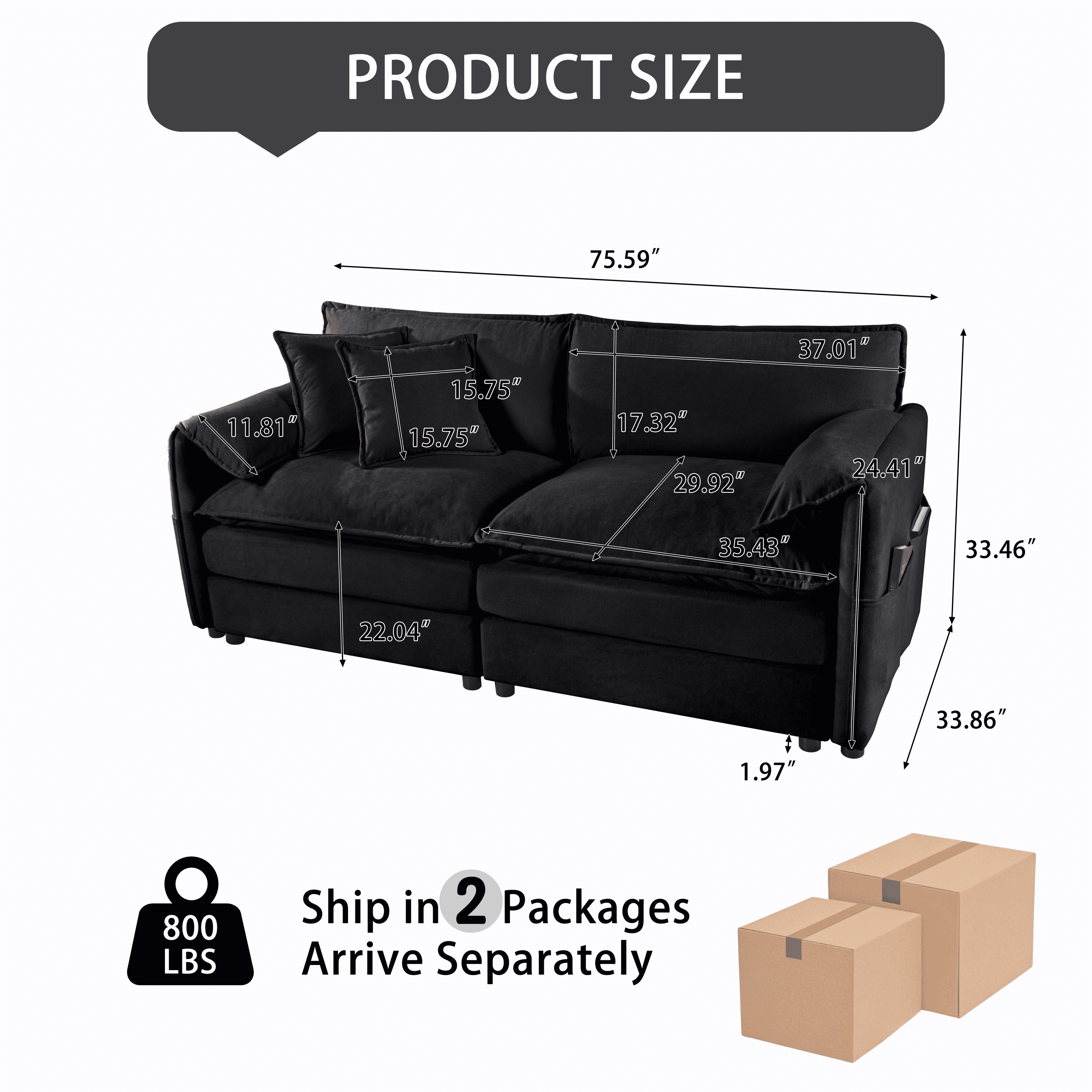Oversized Chenille Loveseat Sofa, 76” Comfy 2 Seater Couch with Deep Seat, Modular Love Seat Couch for Living Room Bedroom Apartment, Easy Assembly Small Cloud Couch, Black
