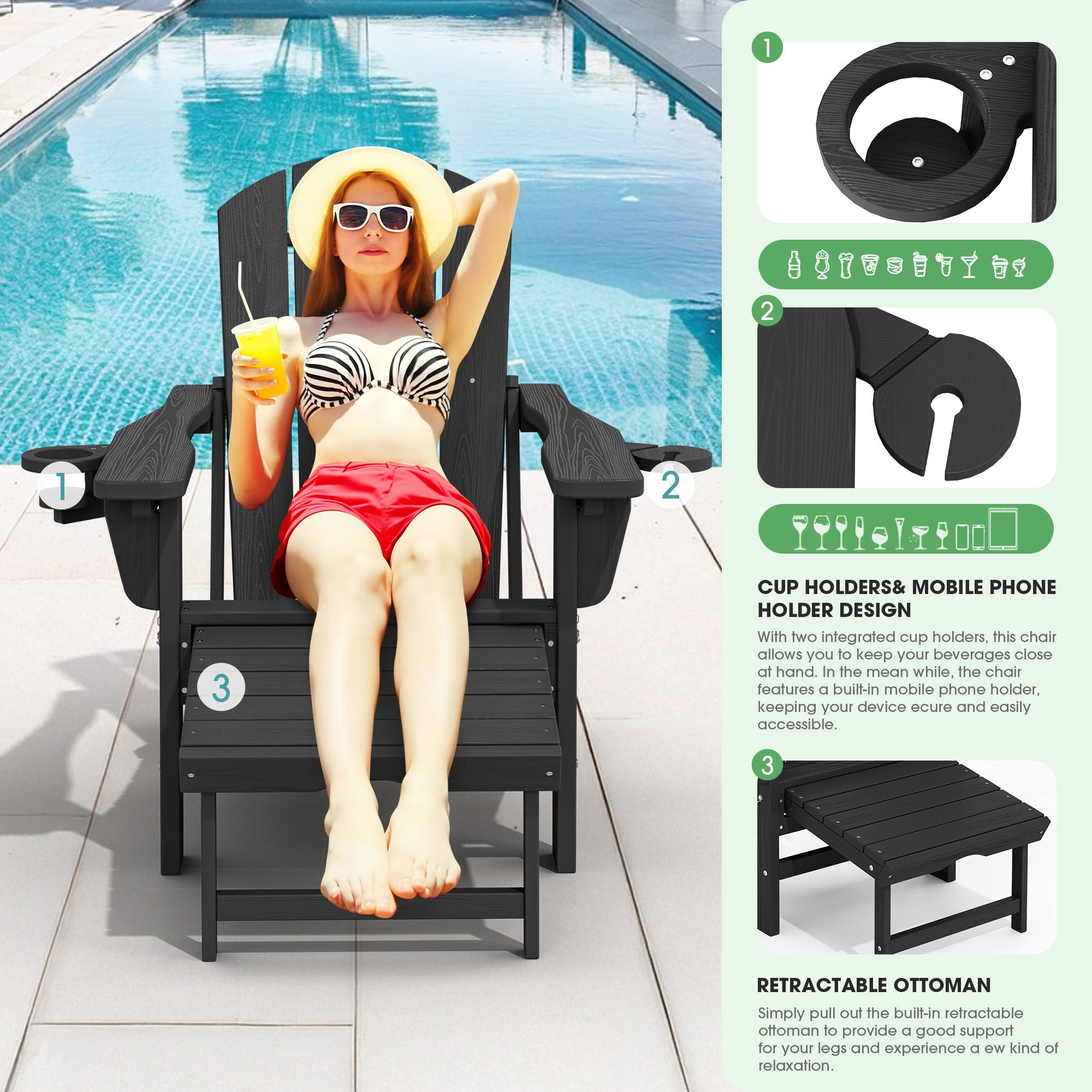 SERWALL Adjustable Folding Adirondack Chair with Footrest & Dual Cup Holders Set of 4, HDPE Foldable Multifunctional Adirondack Chair with Ottoman for Patio, Outdoor, Garden, Black