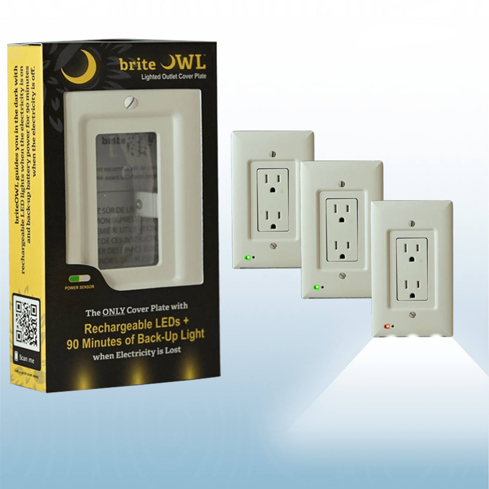 3 Pack of briteOWL Power Failure LED Light Up Outlet Cover, Unaffected by Electrical Outage, Decora White