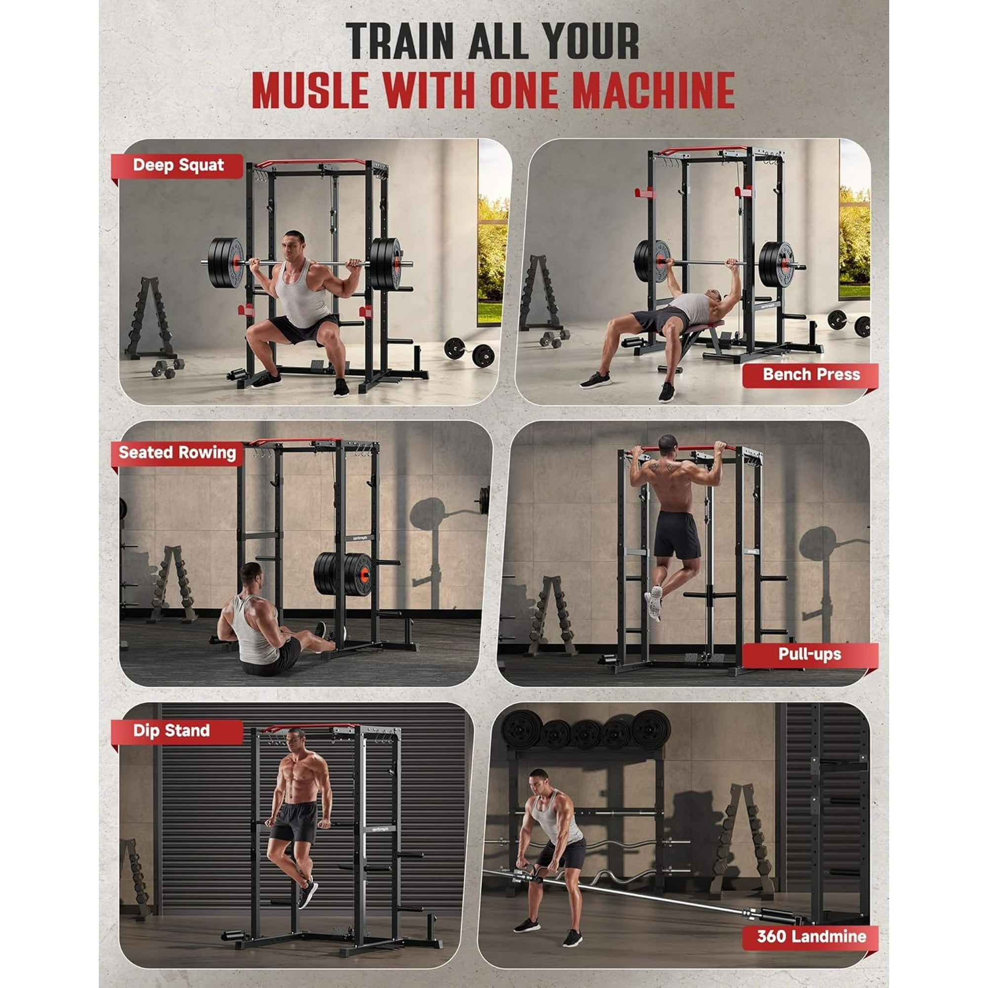 UPGO Power Cage,1200lbs Multi-Function Power Rack with Lat Pulldown and Pulley System and More Training Attachment, Weight Cage for Home Gym