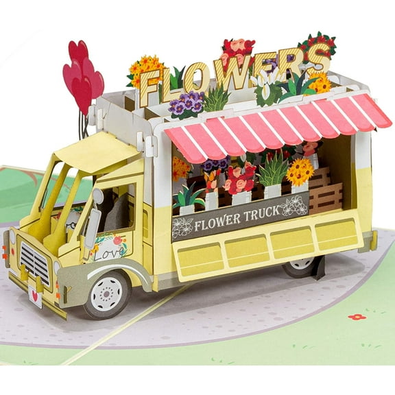 Paper Love Flower Truck 3D Pop Up Greeting Card, Gift for Birthday, Wedding, Anniversary, Thank You, Get Well, All Occasion or Just Because - 5" x 7" Cover - Includes Envelope and Note Tag