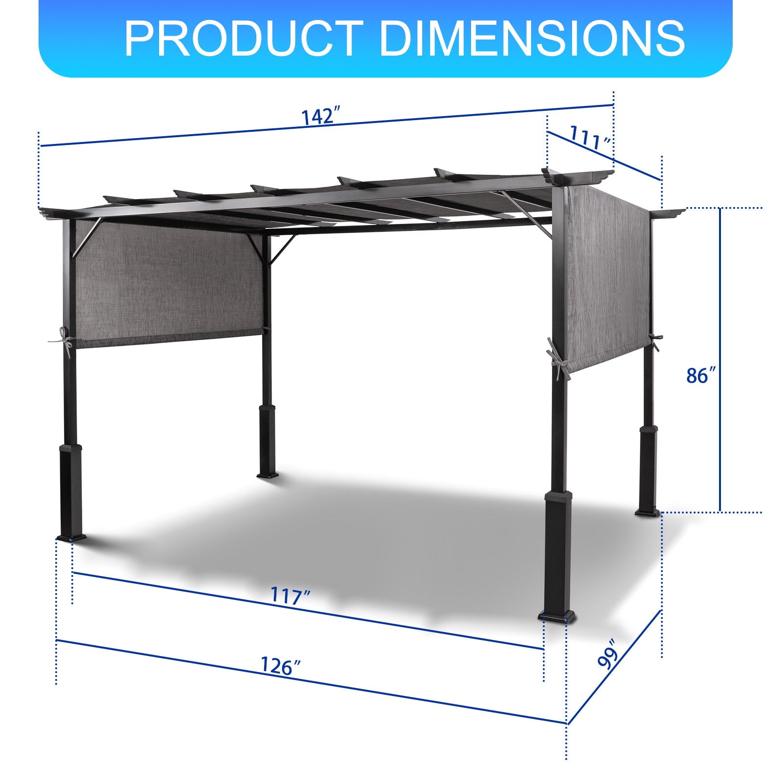 12 x 9 Metal Flat Top Pergola with Adjustable Grey Sling Top