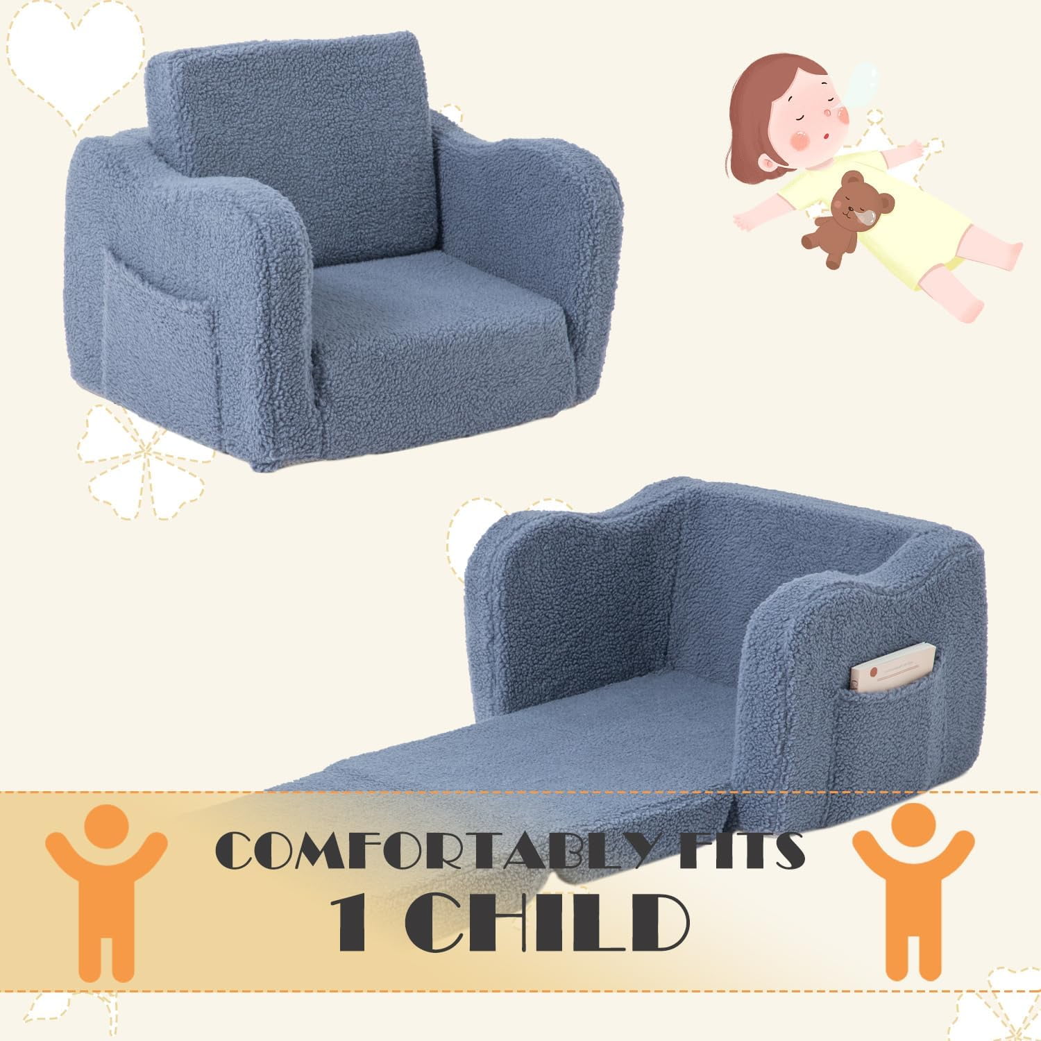 Toddler Baby Chair Couch Sofa Kids Foldable 2-in-1 Sherpa Fold Out Couch Bed Toddler Chairs Comfy for Boys & Girls Convertible Kids Furniture Lounge Chair for Playroom with Double Pockets, Dark Grey