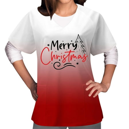 

XFLWAM Women s Christmas Scrub Tops Plus Size V-Neck Cute Reindeer Santa Claus Print T Shirts Workwear Nurse Uniform Tee with Pockets Red-6 XL