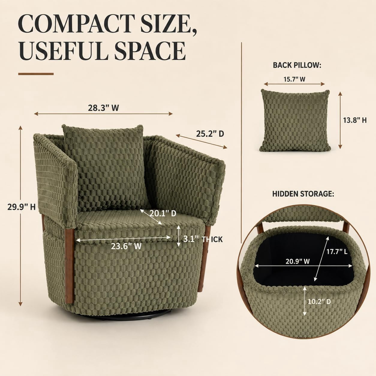 MOONIMSS 360°Swivel Accent Chair, Corduroy Vanity Chair with Storage,Green