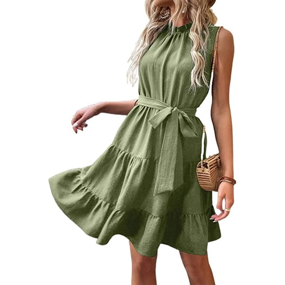 Robes d'Été 2023 pour Femmes Col Halter Plissé Robe Ligne A Froncée Florale Fermeture Éclair Dos Nu Robe de Soleil