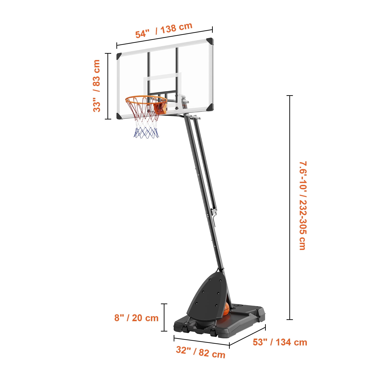 KFFKFF 54" Portable Basketball Hoop Stand, 7.6-10 ft Height Adjustable Portable Basketball Hoop System with PC Backboard, Hoop & Goal System, Wheels & Weighted Base for Youth & Adults