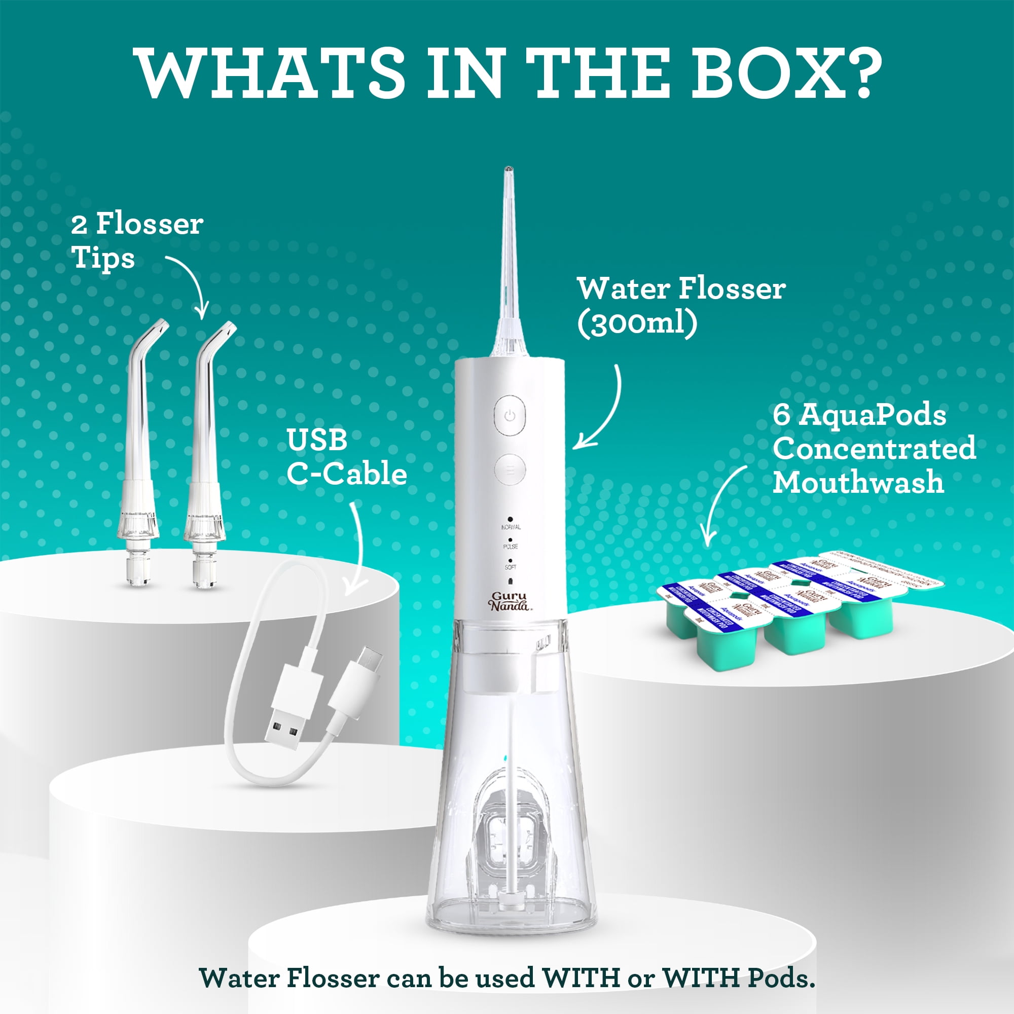 GuruNanda Dental Water Flosser 4.0 with Concentrated Mouthwash Pods - 300mL Tank - White