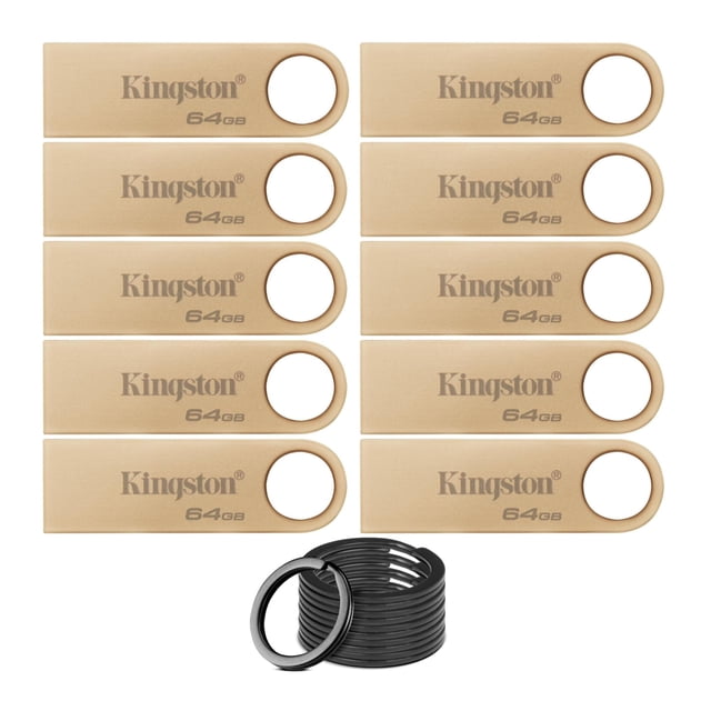 unidad flash kingston datatraveler se9 g3 64 gb usb 3.2 gen 1 paquete de 10 con llaveros, diez unidades doradas metálicas frontales con logo Kingston y '64GB' impresos, cuerpo compacto con ojal circular para enganchar; incluye diez anillos de llavero negros. Adecuado para almacenamiento portátil y transferencias rápidas en puertos tipo A; también suele usarse para llevar archivos multimedia en viajes.