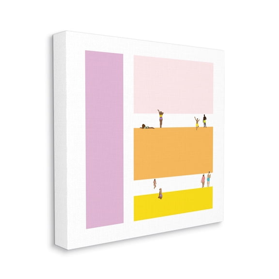 Beach Goers on Warm Geometric Block Pattern Coastal Gallery-Wrapped Canvas Print Wall Art, 17x17
