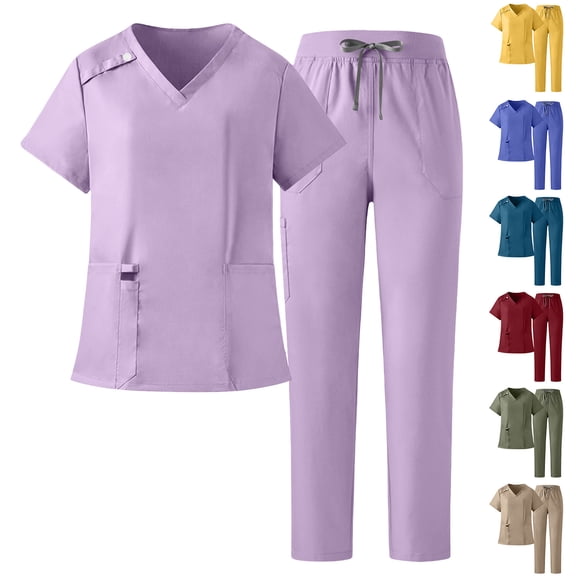 mihongmao Scrubs for Women Set Sweatpants Yoga Waistband Unisex Workwear Women's Solid Hand Wash Short Sleeve Nurse's Workwear Separate Set Suit with Pocket Yellow M