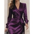 thumbnail image 3 of Purple Solid Color Elegant V-Neck Long Sleeve Wrap Waist Tie Fitted Midi Dress For Formal Occasions, 3 of 5
