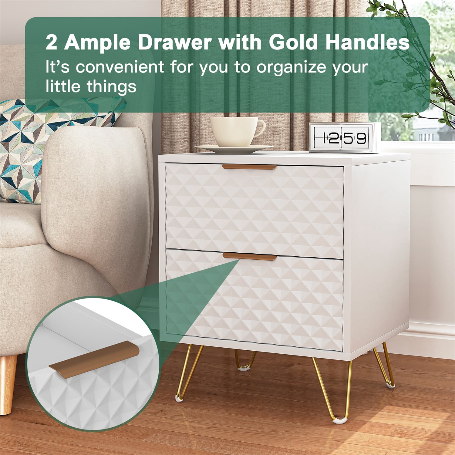 Hommoo Nightstand Set of 2, Carving Texture Night Stand End Side Tables, Modern Bedside Tables with 2 Drawers, for Bedroom Living Room, White