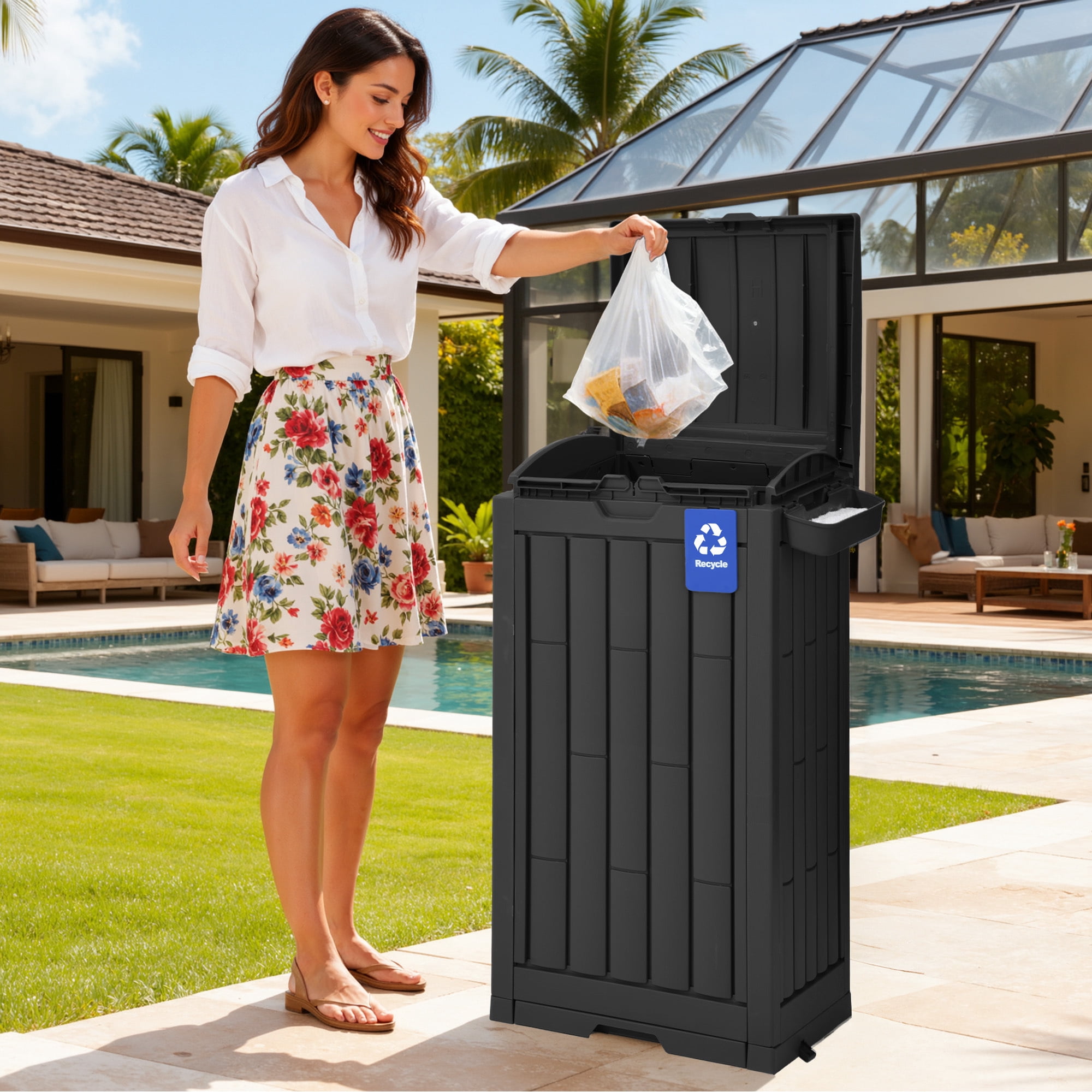 Uforic 38 Gallon Outdoor Resin Trash Can with Lid, Includes Sorting Labels, Ash Holder, Stakes and Suction Cups, Hideaway Storage for Patio Backyard Garden, Black