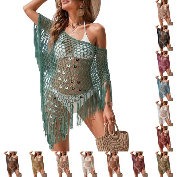 Kingdiese Womens Sequin Knit Triangle Shawl Fashion Tassel Asymmetric Cape Swimwear Cover Up Knit Cover Ups for Swimwear Women, Size L