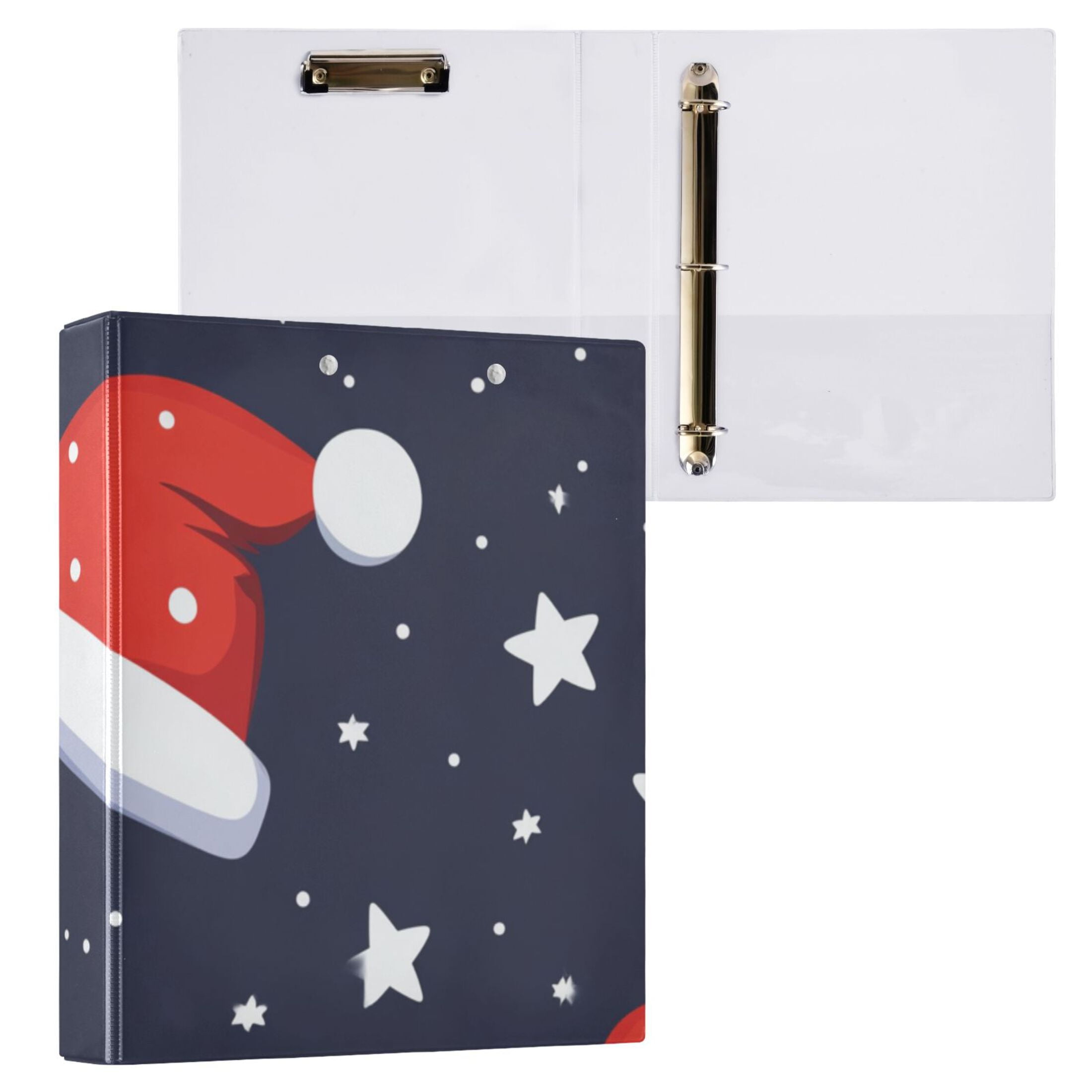 Christmas Santa Hats Stars 3 Ring Binders 1.5 inch Hardcover File Folders with Interior Pockets A4 Size Organizer for School Office Hospital