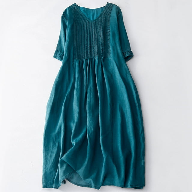 TIMIFIS Robe en Coton et Lin pour Femme Décontractée Ample Robe d'Été Longue Robe à Manches Courtes Robes Maxi Été Grande Taille Robe de Plage Printemps