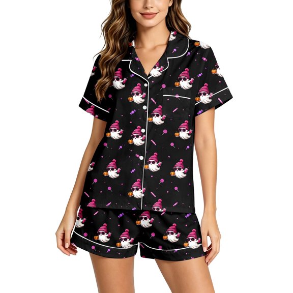 Outfits for Women Halloween Graphic Print Lapel Short Sleeve Buttoned Pocket Top And Shorts 2 Piece Loungewear Women's Clothing Sets L