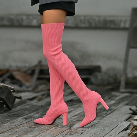 

Women‘s Knitted High-heeled Boots Solid Color Over The Knee Boots Pointed Toe Stretch Knit Boots