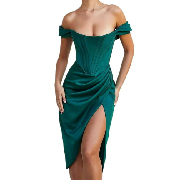 Txlixc Vestido de fiesta de color sólido para mujeres, vestido midi de cintura alta sin tirantes Txlixc moda