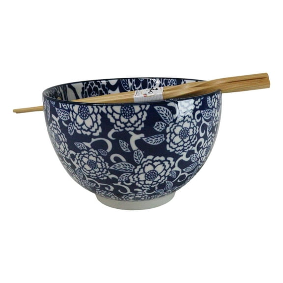 Blue Botanica Floral Blossoms 20Oz Donburi Ramen Soup Bowl With Chopsticks Set