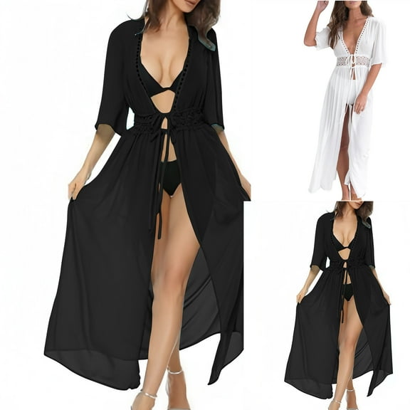 pstuiky Beach Coverups for Women 2025, Women Summer Lace Patchwork Swimsuit Cover Up Long Cardigan Coat Beach Poolside Lightweight Open Front Coverup for Women Black 8